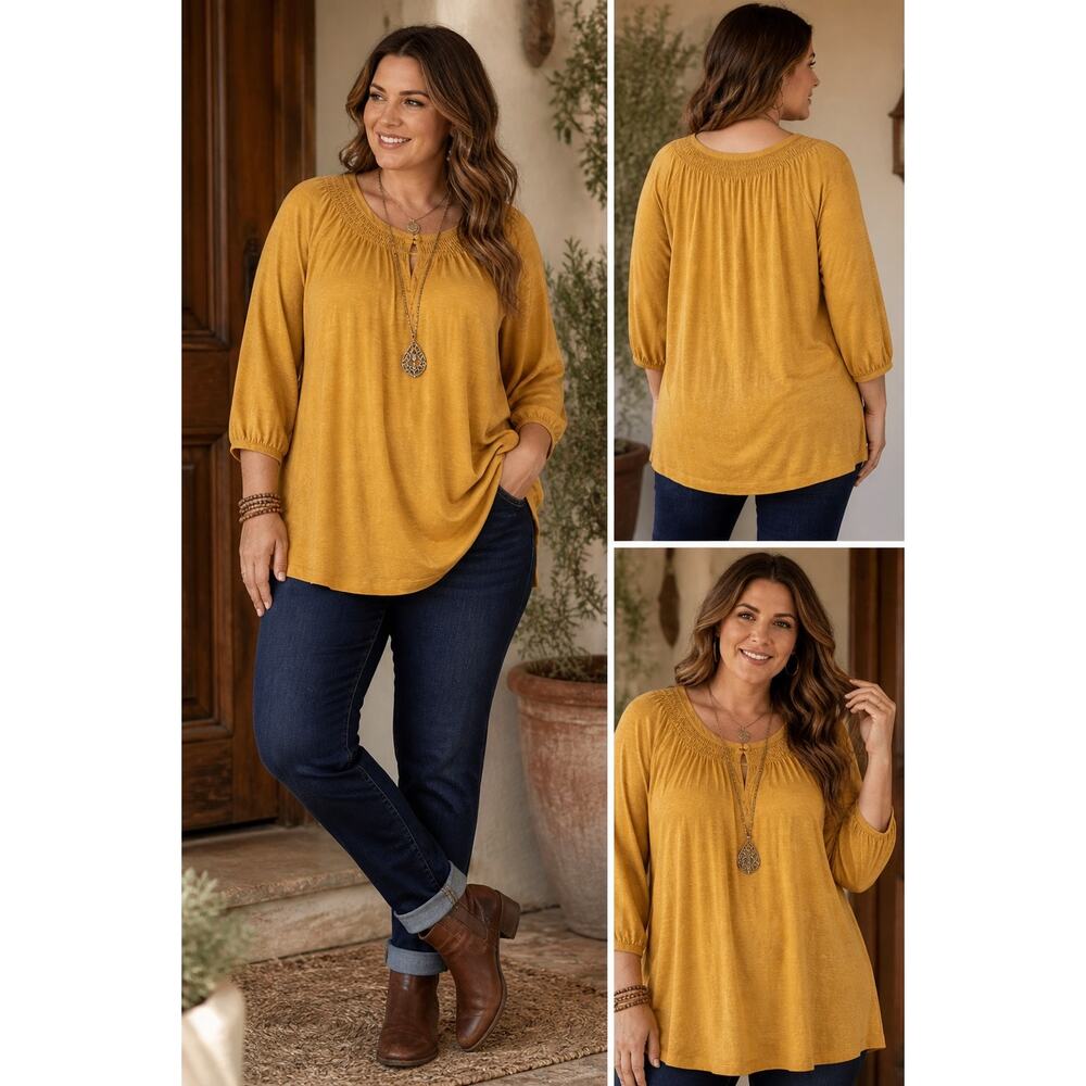 J. Jill Mustard Yellow Tunic Top Women’s 3X Boho Flowy Smocked Neck Soft Stretch